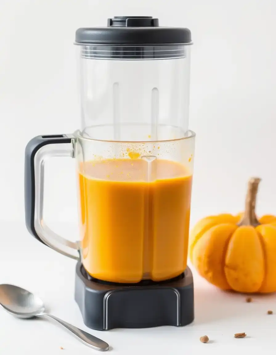 Frullatore personale per zuppe e vellutate di zucca su sfondo bianco