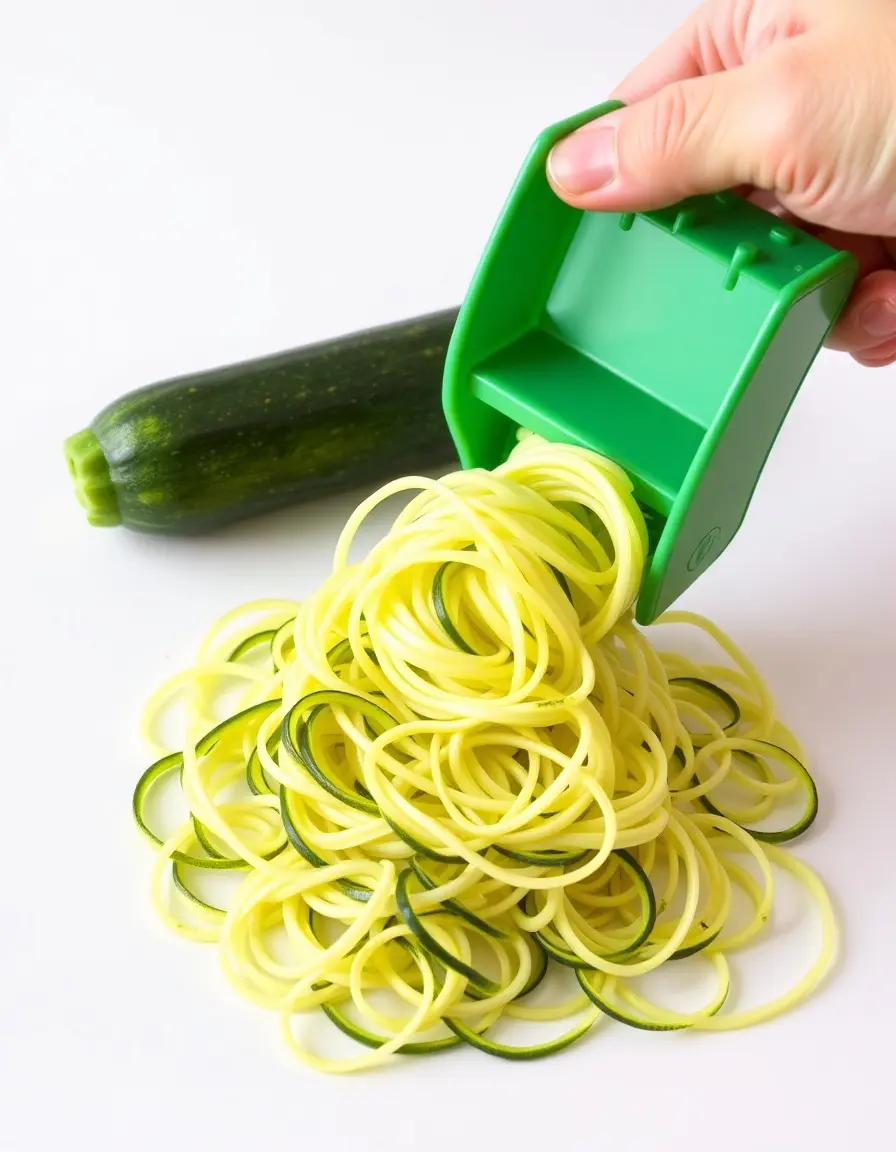 Spiralizzatore manuale per zucchine che crea spaghetti di verdura su sfondo bianco