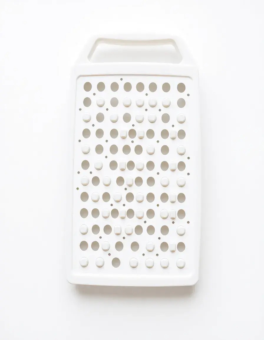 Grattugia in plastica bianca su sfondo bianco