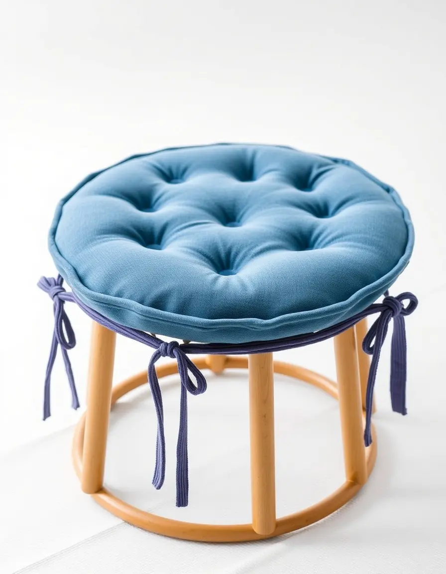 Cuscino rotondo blu imbottito per sgabello con lacci di fissaggio