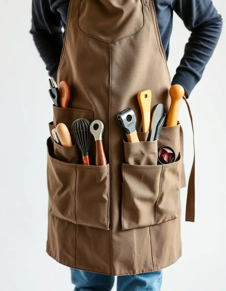 Grembiule da cucina con tasche multiple per utensili su sfondo bianco