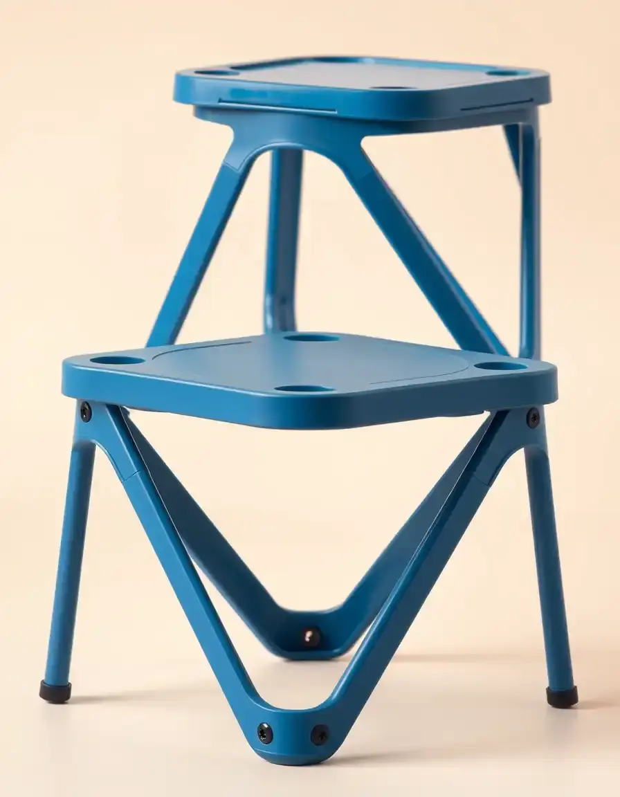 Portable Folding Stool blu in plastica leggera chiuso e aperto