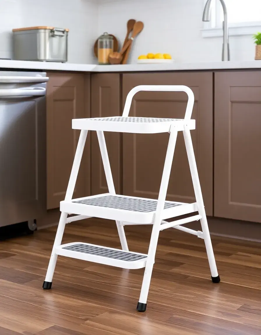 Kitchen Step Stool a due gradini in metallo bianco con gomma