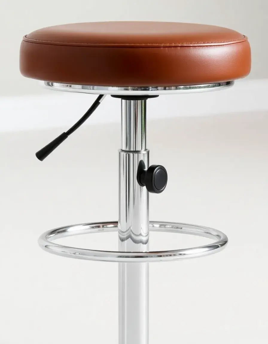 Adjustable Swivel Stool in ecopelle marrone con base cromata