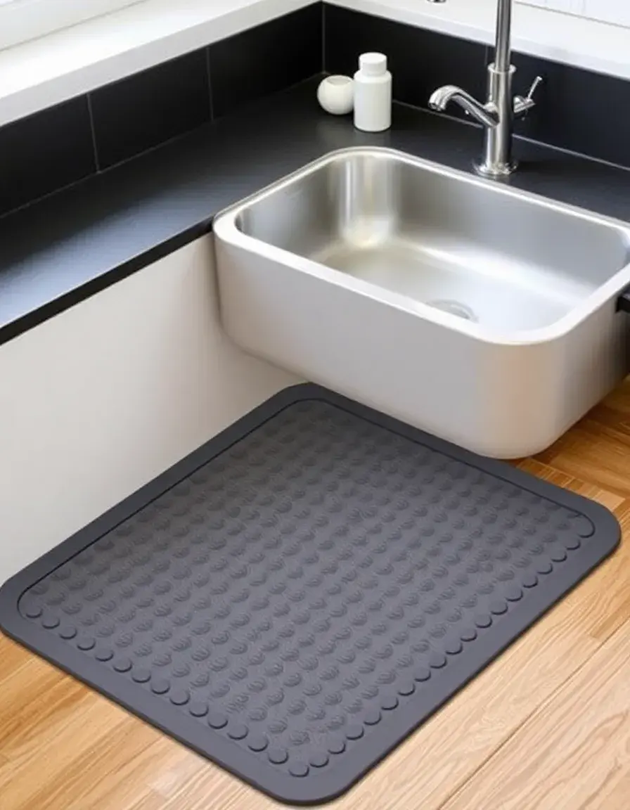 Tappeto cucina antiscivolo grigio posizionato davanti al lavello