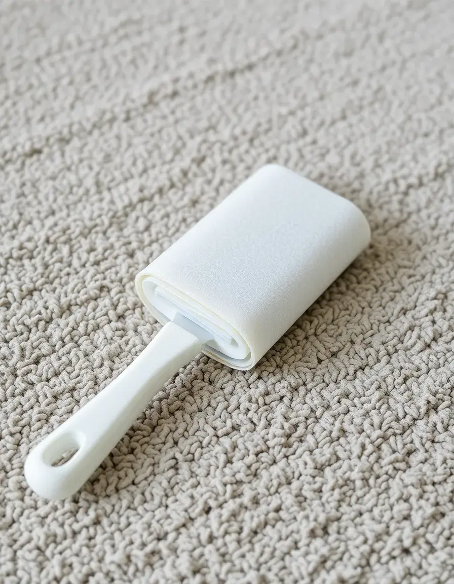 Lint roller bianco che rimuove pelucchi e briciole da un tappeto