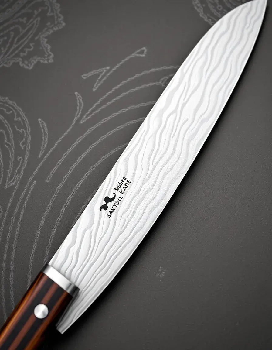 Coltello Santoku con lama damascata e manico in legno