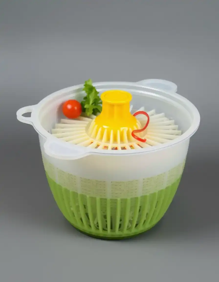 Centrifuga per insalata in plastica bianca con manovella manuale