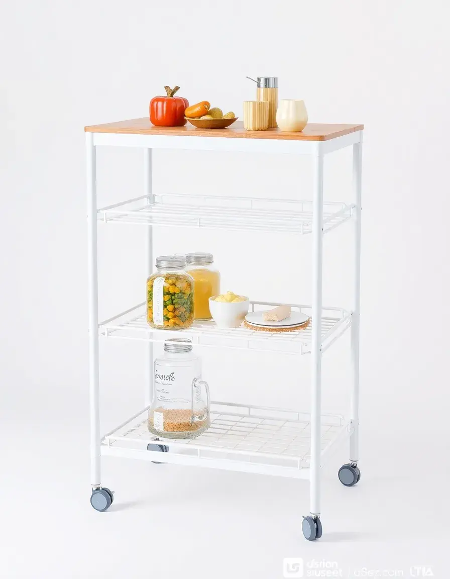 Carrello cucina a tre livelli bianco con ruote su sfondo neutro