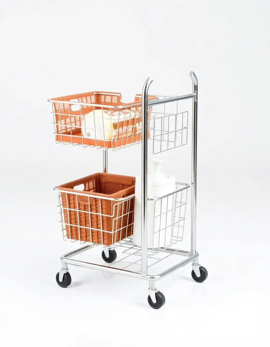 Carrello utility in metallo cromato con cestelli su ruote