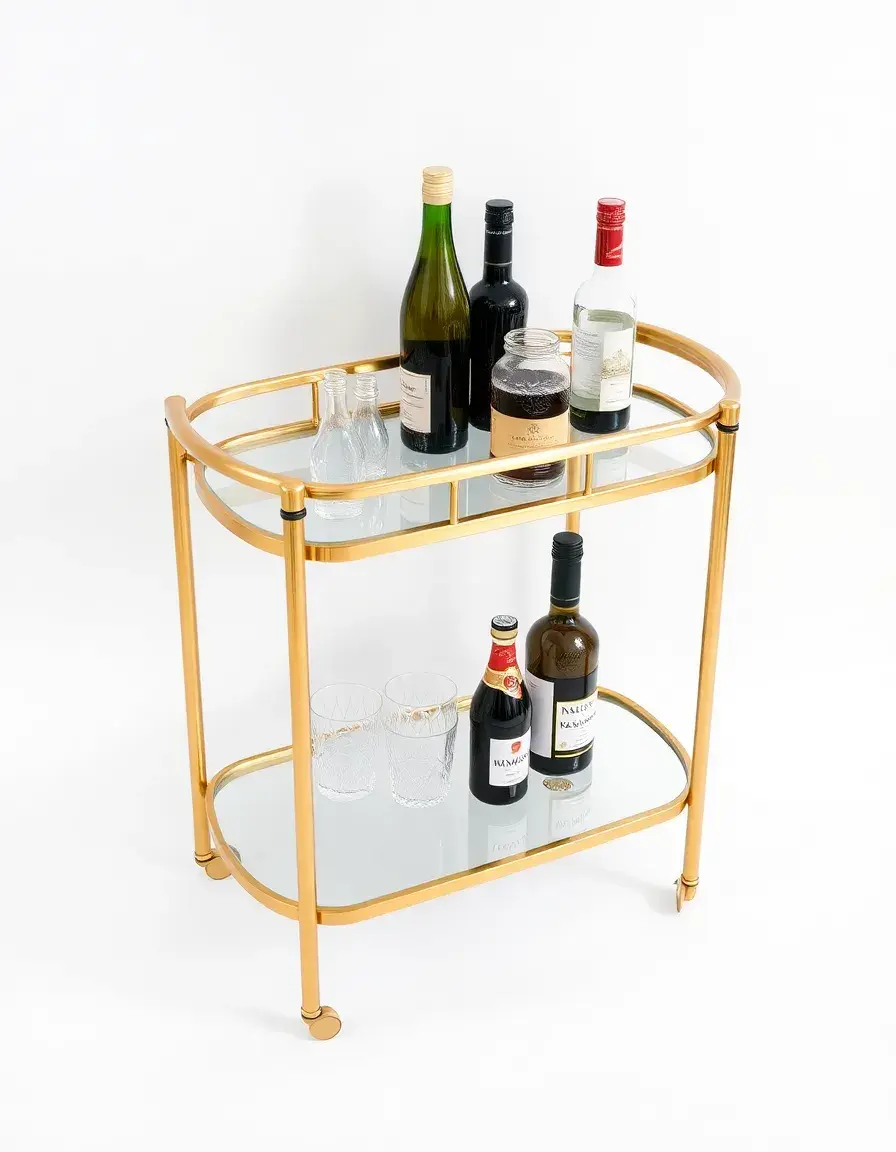 Elegante carrello bar dorato con ripiani in vetro