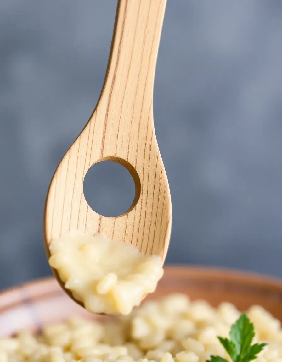 Cucchiaio in legno con buco centrale per cucinare il risotto perfetto