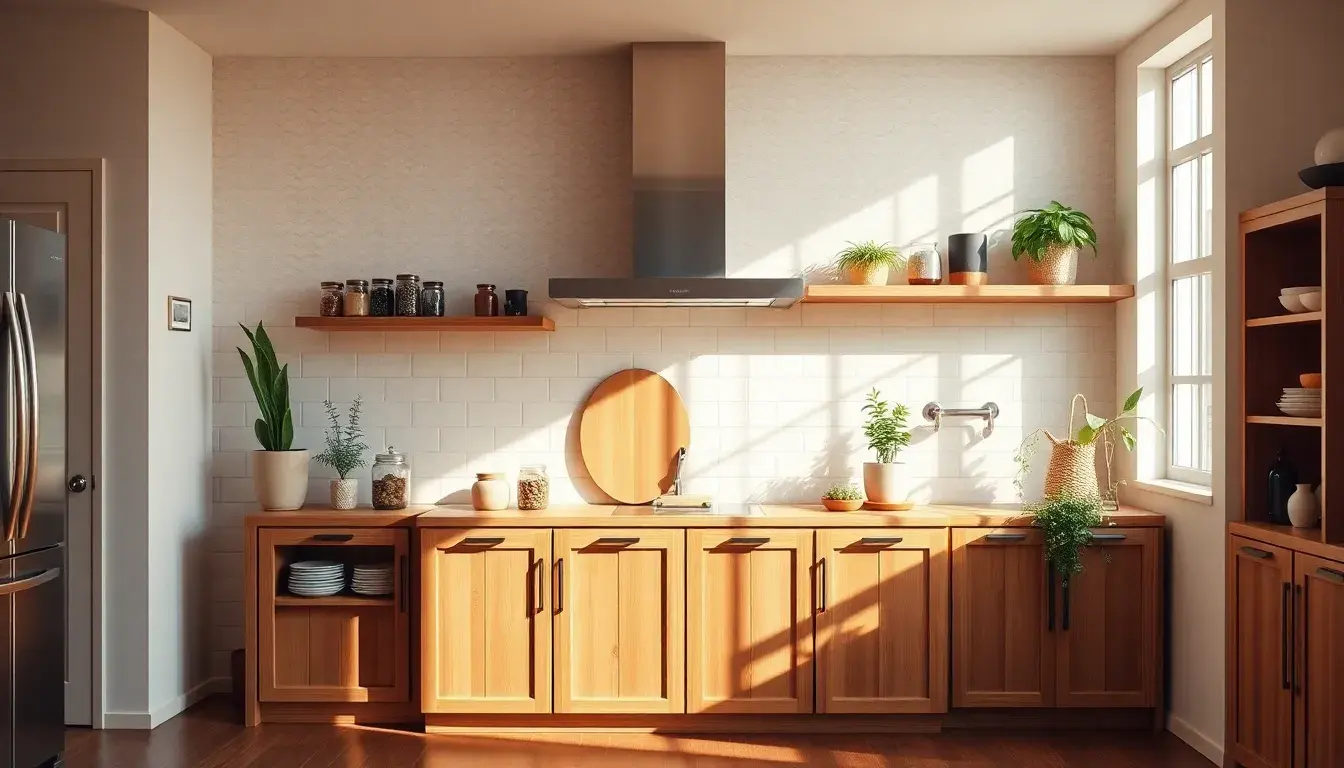 Credenza da cucina in legno moderno in una stanza illuminata dal sole