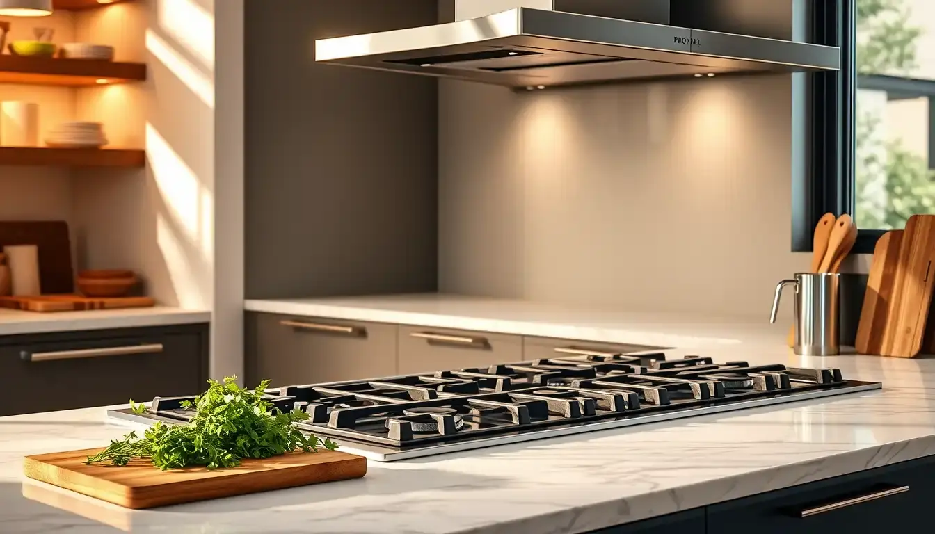 Cucina a gas con forno elettrico professionale in ambiente domestico moderno e luminoso