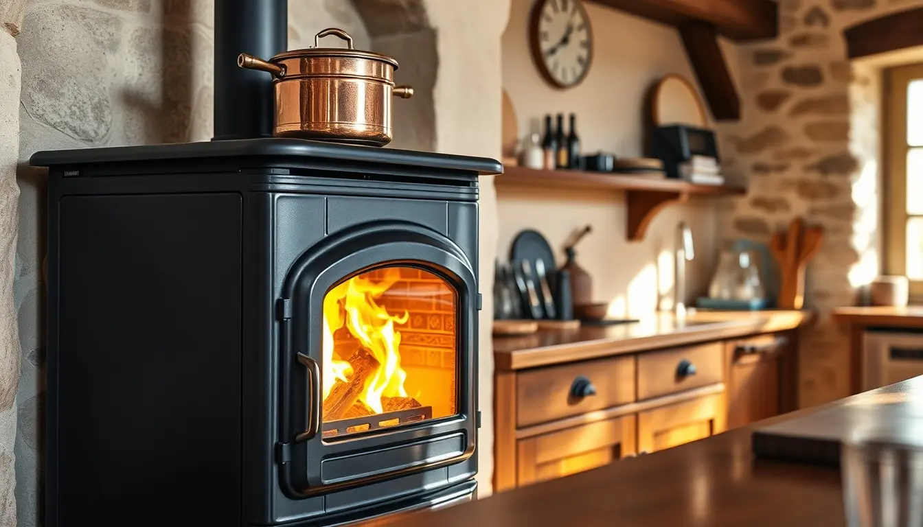 Cucina a legna moderna in ghisa nera in un ambiente rustico e accogliente