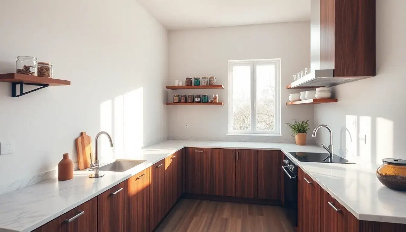 Esempio di cucina ad angolo moderna con piani in marmo e organizzatori intelligenti