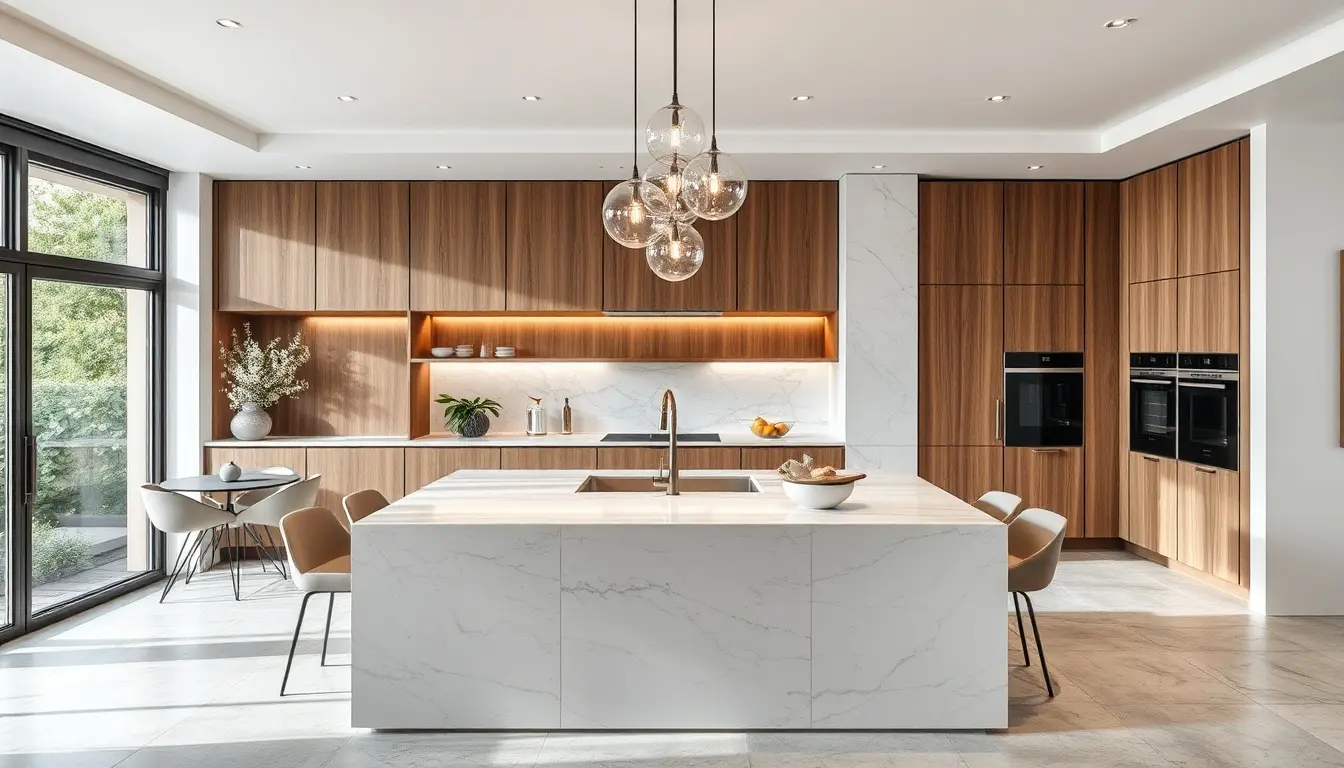 Cucina moderna con isola centrale bianca e sgabelli di design in legno