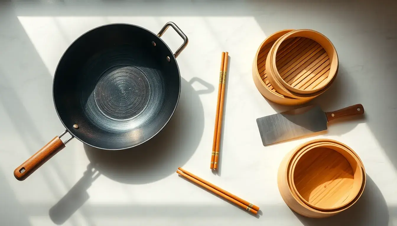 Strumenti tradizionali per cucina cinese disposti su un piano in marmo illuminato