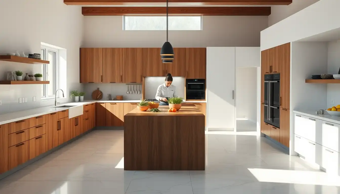 Cucina moderna con isola centrale in legno e top in marmo illuminata dal sole