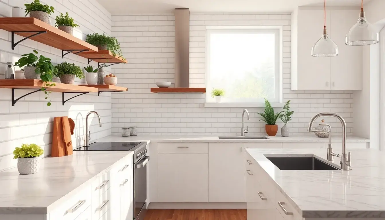 Cucina moderna con mattonelle bianche tipo subway e mensole in legno