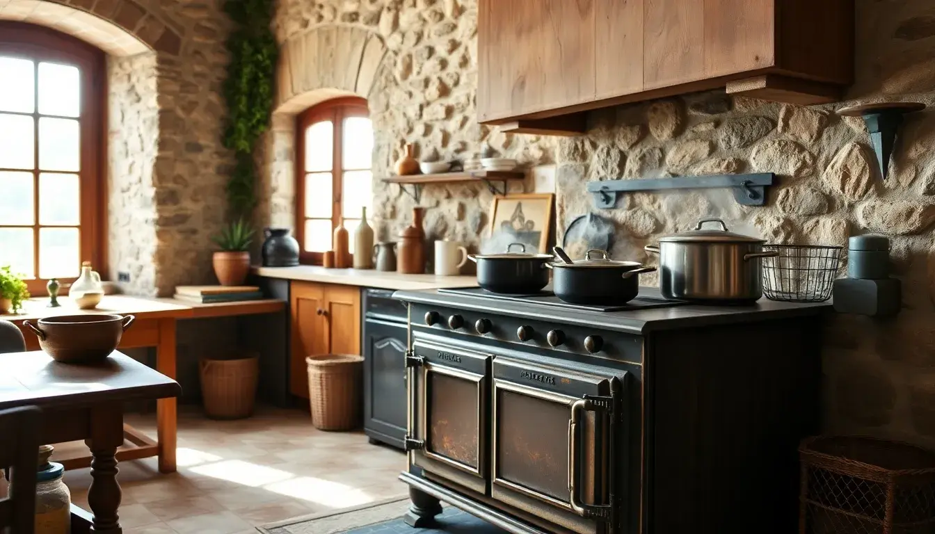 Cucina economica a legna tradizionale in ghisa in un ambiente rustico e accogliente