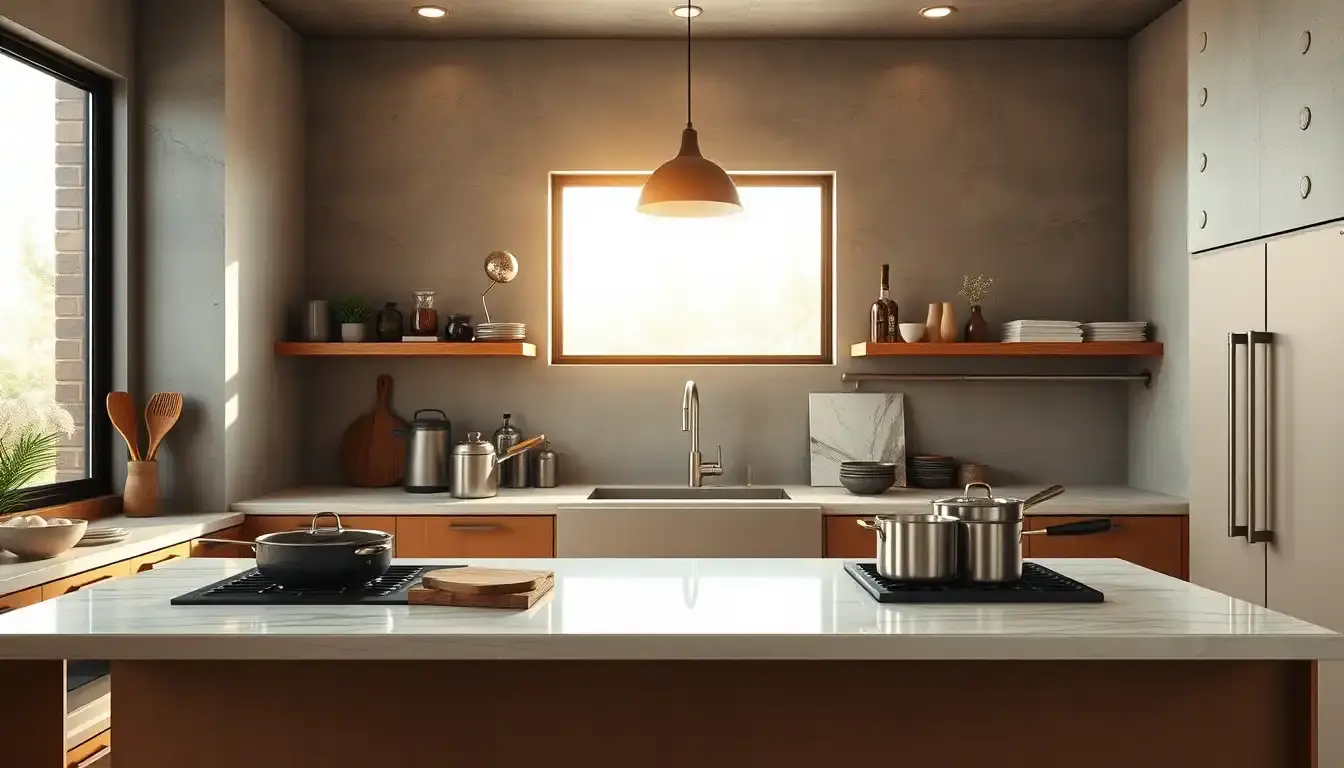Cucina in muratura moderna con finiture in cemento e legno