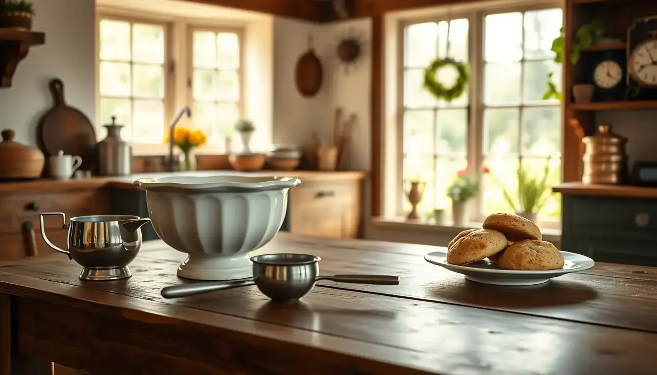 Tavolo da cucina rustico con strumenti tradizionali per la cucina inglese e scones freschi.