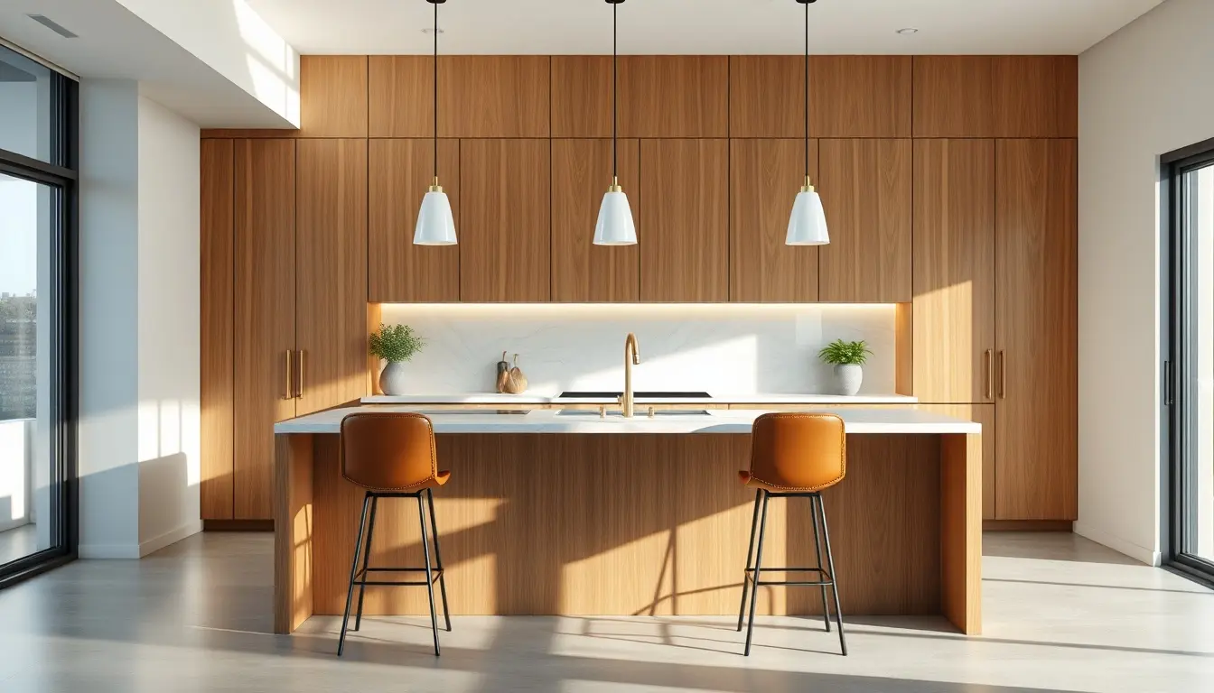 Cucina moderna con penisola in legno e piano in marmo bianco.