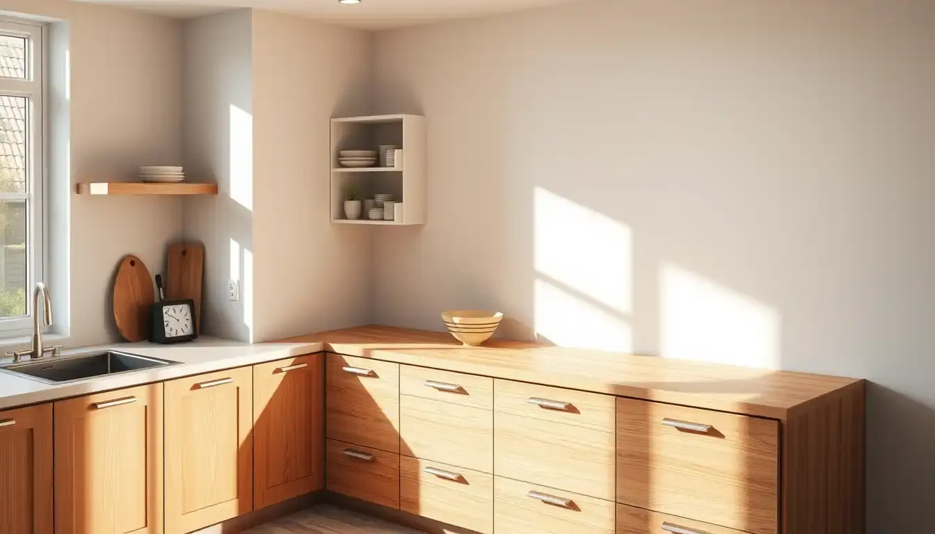 Cucina ad angolo moderna con organizer estraibile e luce naturale