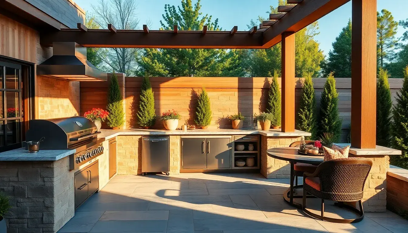 Cucine da esterno moderne su un patio in pietra con barbecue in acciaio inox
