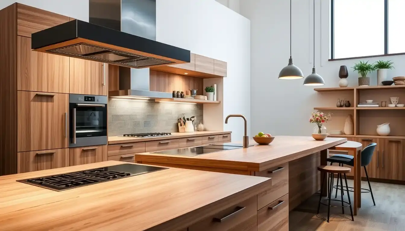 Cucine outlet moderna con piano di lavoro organizzato e accessori elettrici di sicurezza