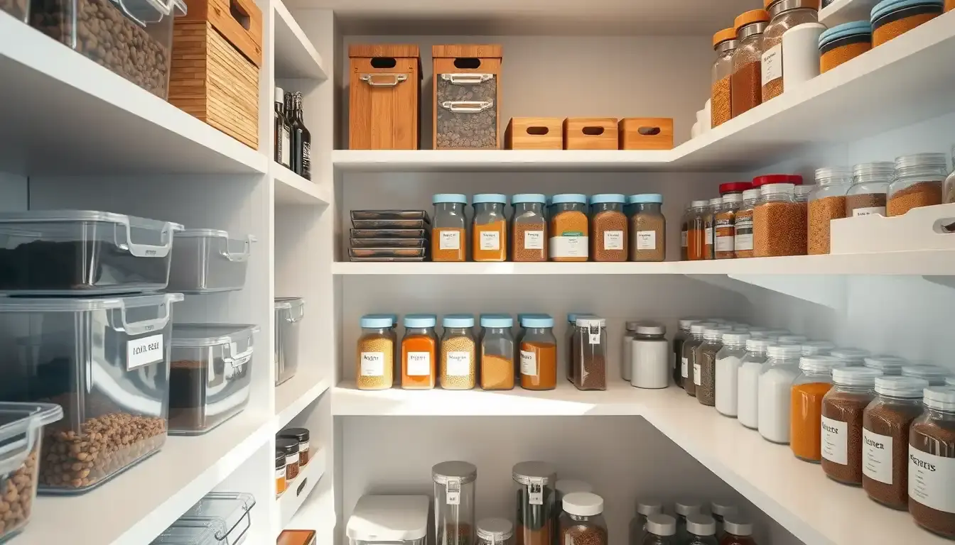 Dispensa cucina moderna e ordinata con contenitori trasparenti e ripiani in legno