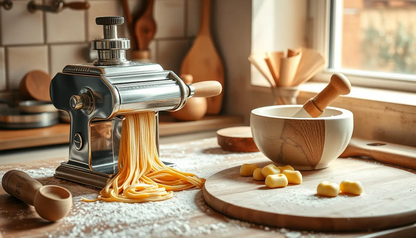 Strumenti tradizionali per la cucina italiana su un bancone infarinato