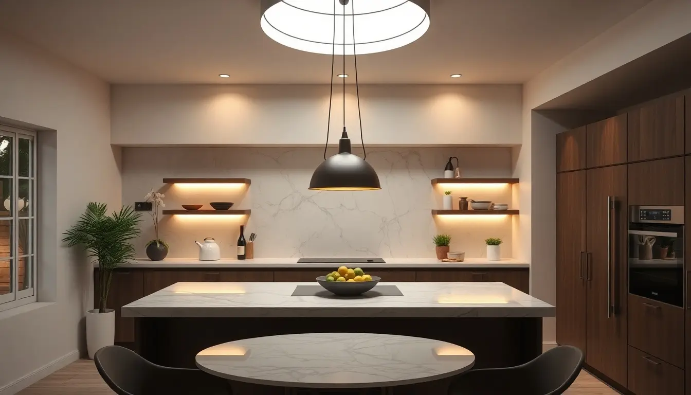 Lampadario moderno a sospensione sopra un'isola di marmo in cucina luminosa.