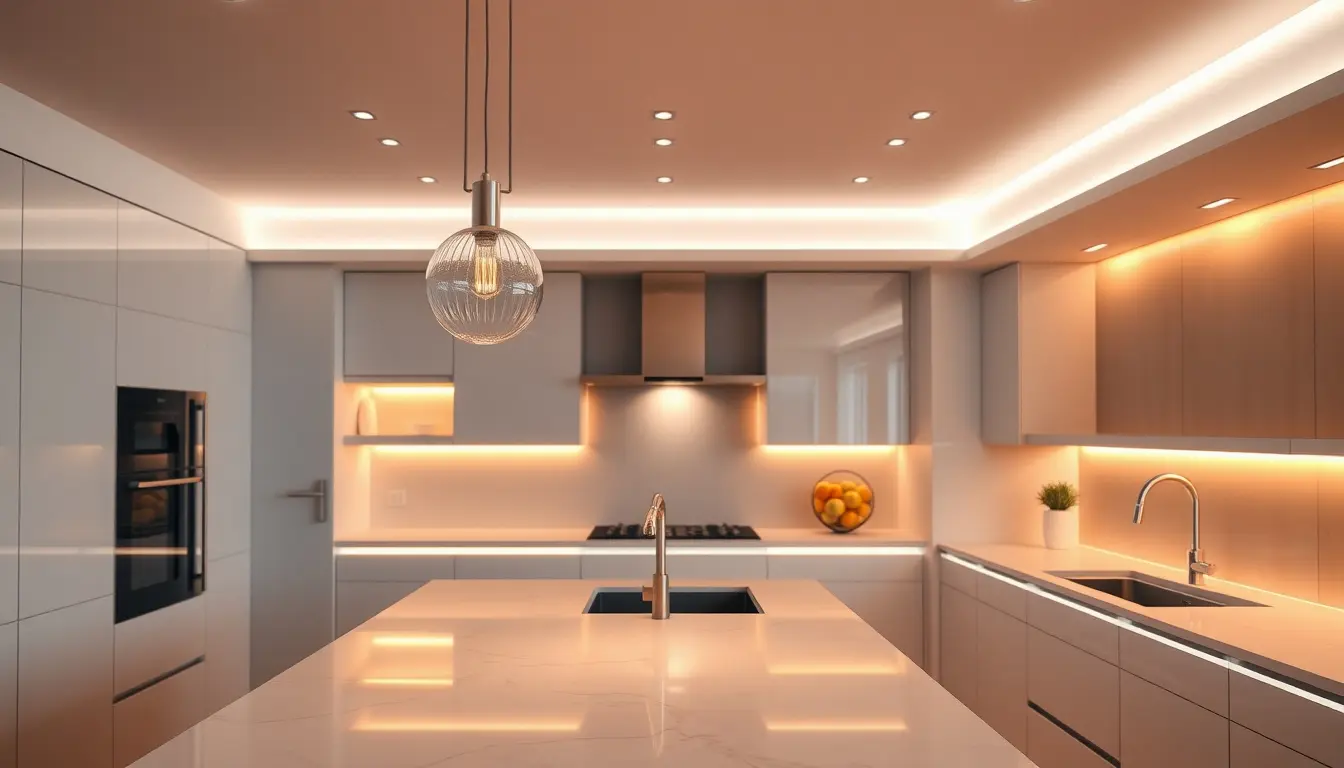 Cucina moderna con lampade a sospensione in vetro e strisce LED sottopensile dorate