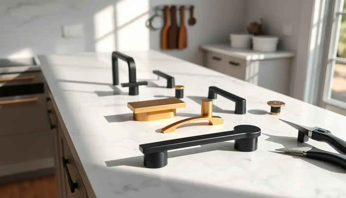 Eleganti maniglie per cucina in ottone e nero opaco su bancone in marmo