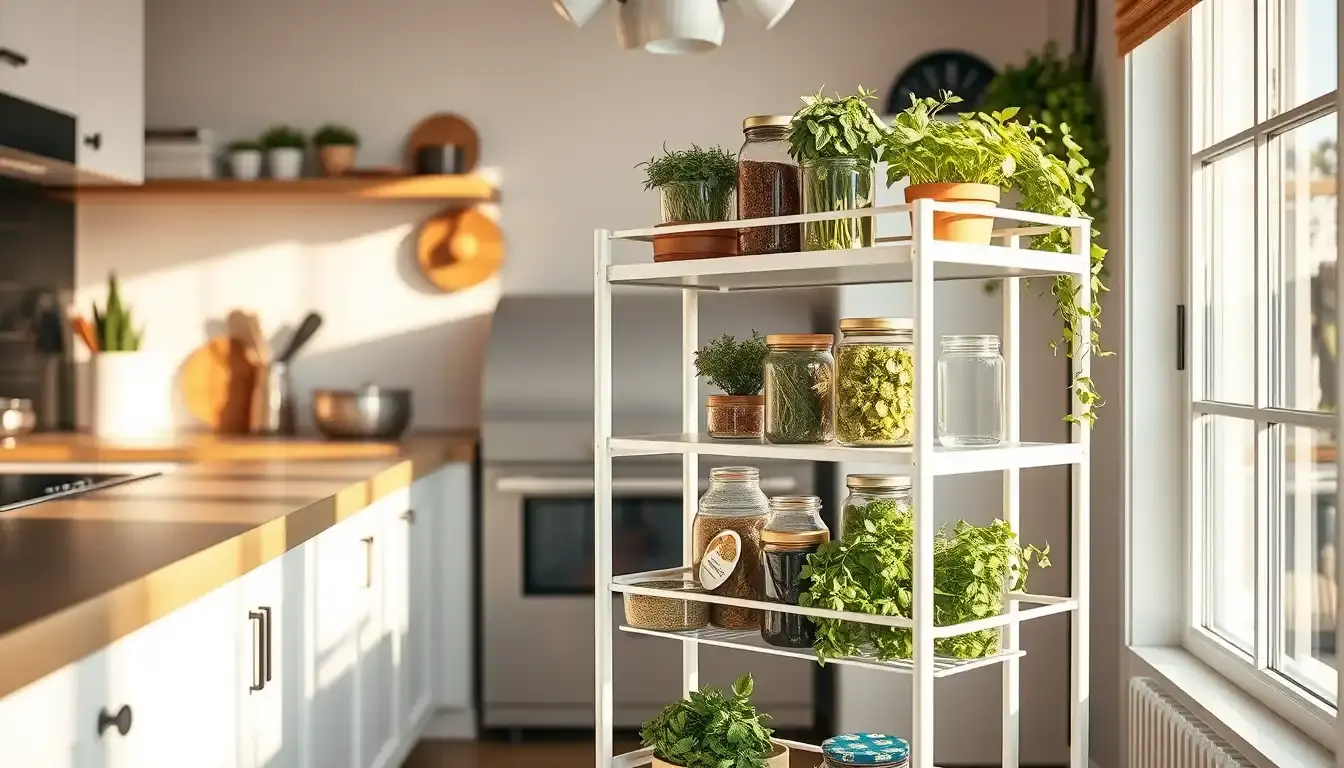 Mobile dispensa cucina carrello in metallo bianco organizzato con barattoli in una cucina luminosa
