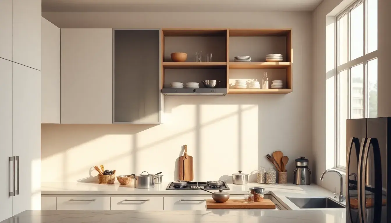 Eleganti pensili da cucina moderni e mensole organizzate in una stanza luminosa.