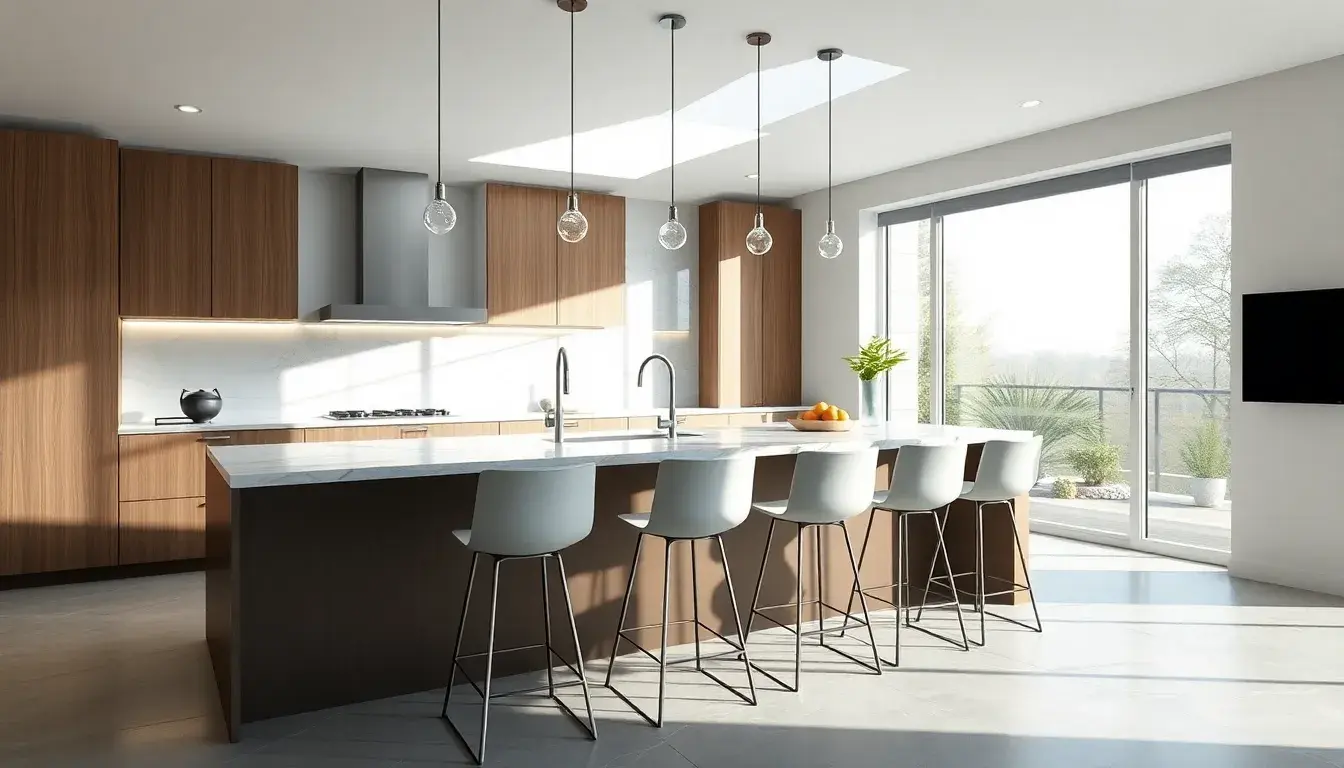 Eleganti sgabelli per isola cucina in una cucina moderna e luminosa