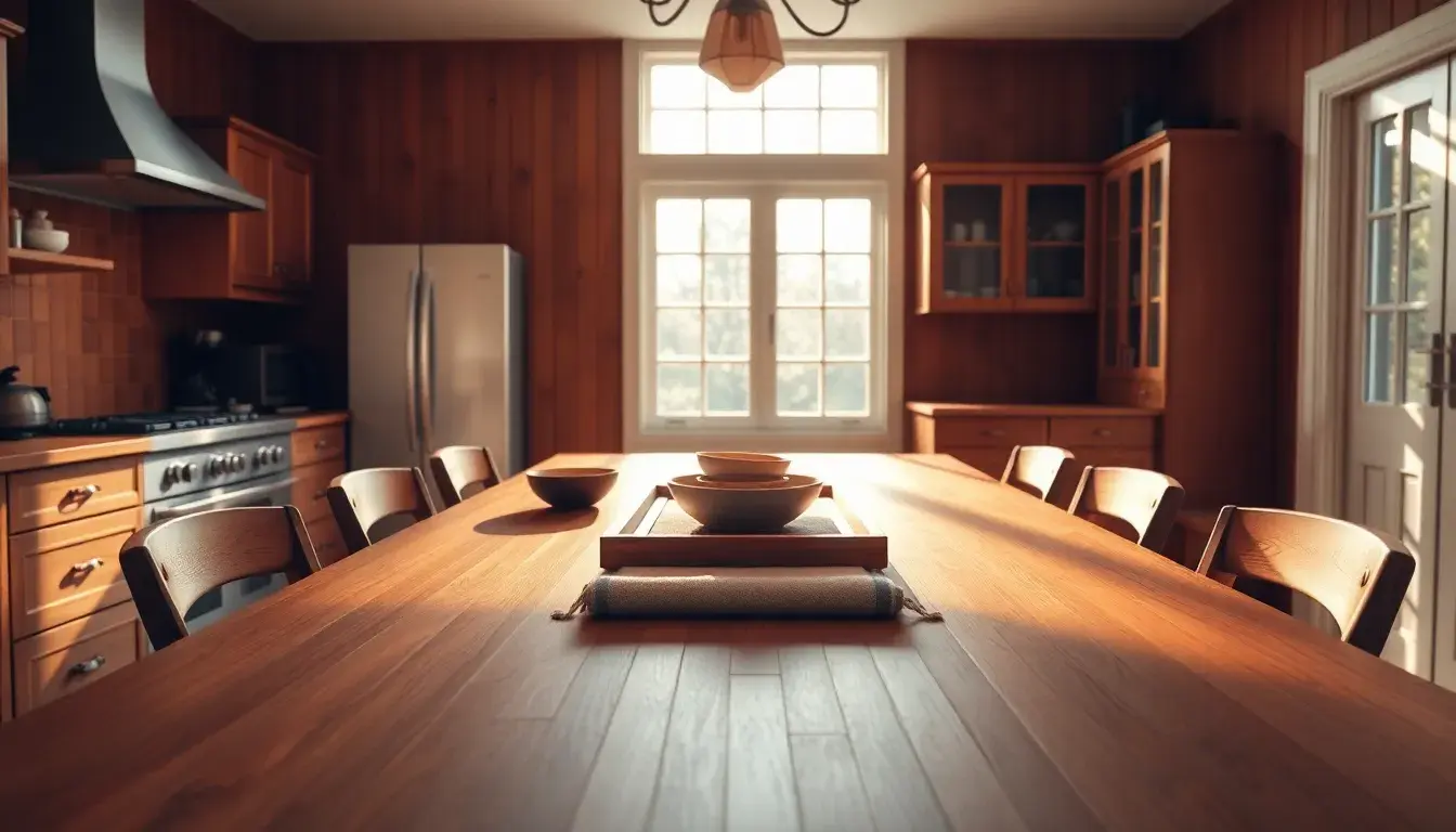 Tavolo da cucina in legno in una stanza soleggiata con accessori eleganti