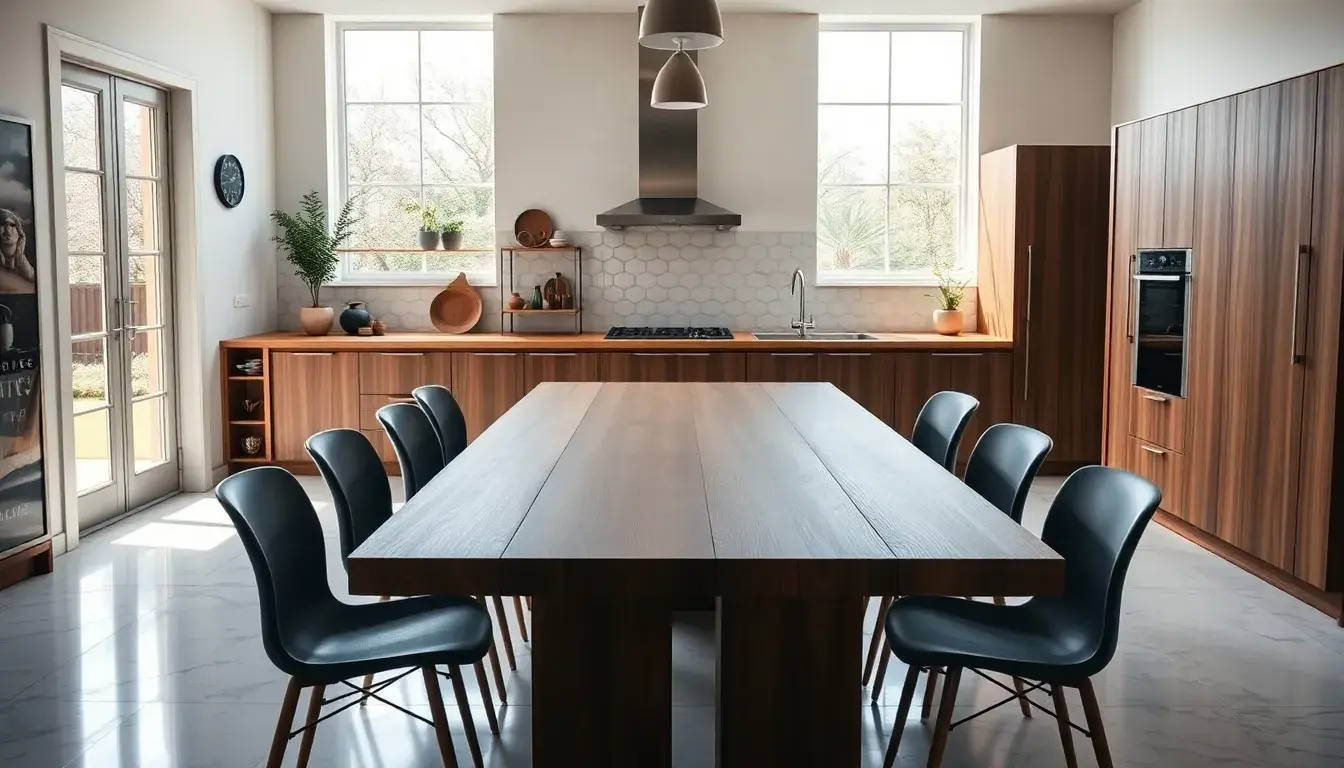 Tavolo cucina allungabile moderno in legno in una cucina luminosa e accogliente.