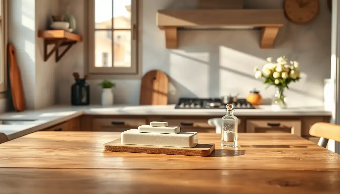 Tavolo da cucina in legno in una stanza soleggiata con accessori eleganti