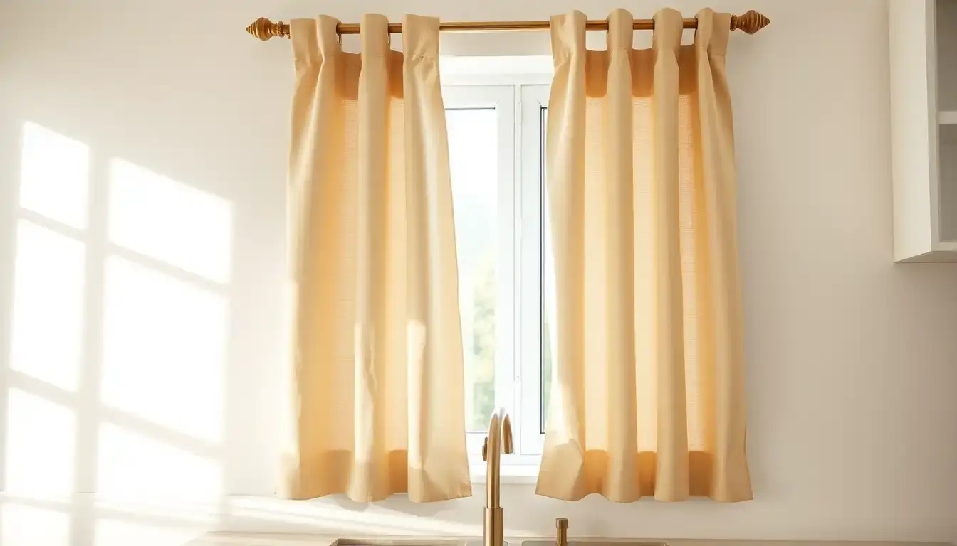 Eleganti tende da cucina a pacchetto in lino bianco su una finestra soleggiata.
