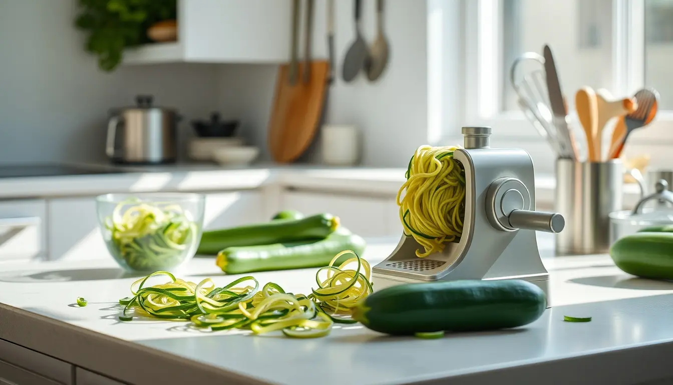 Zucchine fresche e strumenti da cucina professionali su un piano di lavoro illuminato.