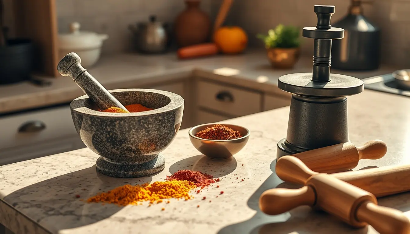 Mortaio in granito e scatola di spezie masala box su un bancone da cucina soleggiato per amore cucina e curry.