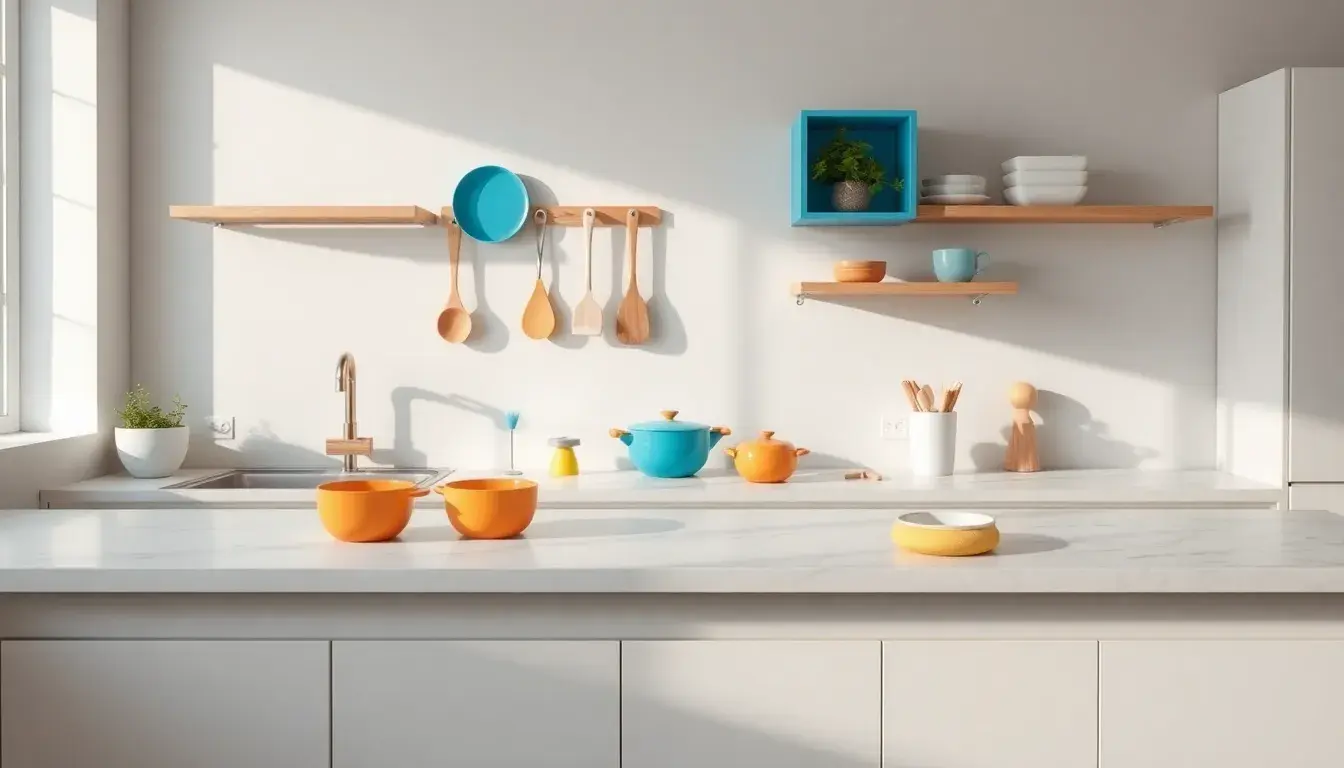 Strumenti colorati per bimbi per cucinare su un bancone di marmo luminoso
