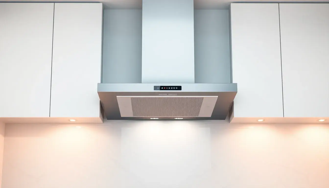 Cappa cucina 60 cm moderna installata sotto un mobile pensile con luci LED calde.