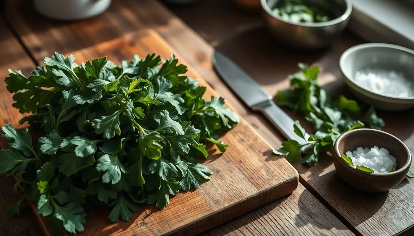 Foglie fresche di cavolo nero su un tavolo di legno rustico in una cucina luminosa