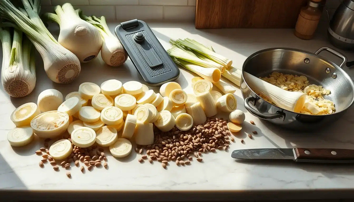 Affettato di finocchi freschi su un piano di marmo con strumenti da cucina professionali.