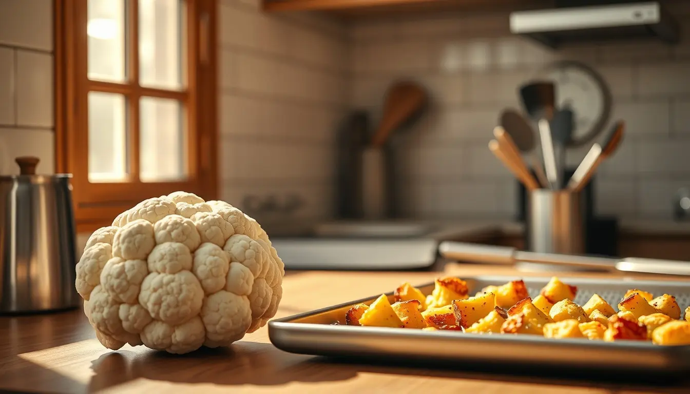 Cavolfiore fresco e cimette arrostite su una teglia forata in una cucina luminosa